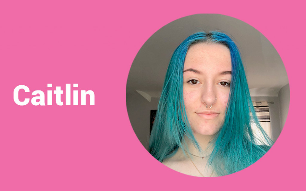 Bright blue hair on a pink background with the name "Caitlin" in white text.