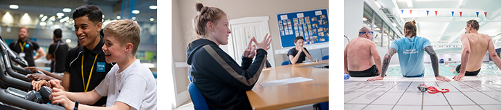 A triptych of people exercising on treadmills, studying in a classroom, and receiving swimming instruction.