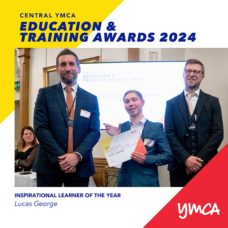 Three individuals at an awards ceremony with one holding a certificate, text denoting "Education & Training Awards 2024".