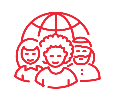 Icon of diverse people under an umbrella, suggesting inclusion or protection.