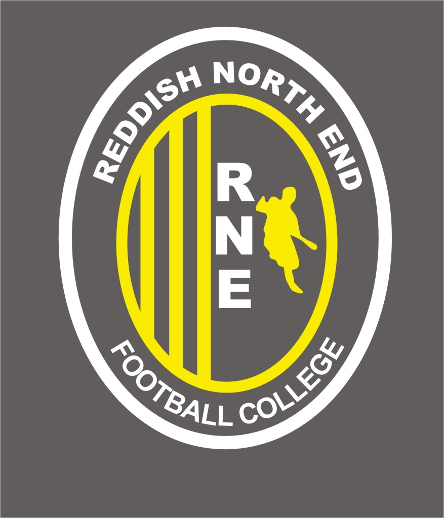 Logo of Reddish North End Football College with yellow and white emblem.