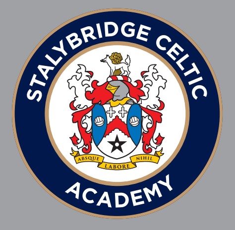 Logo of Stalybridge Celtic Academy featuring a shield with a knight's helm, flanked by red drapery, and a motto banner.