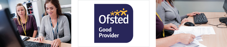 Three office workers at computers and documents next to Ofsted Good Provider logo.