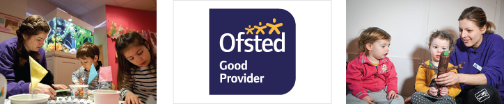 A logo of "Ofsted Good Provider" between two images of people engaged in activities, with blurred faces.