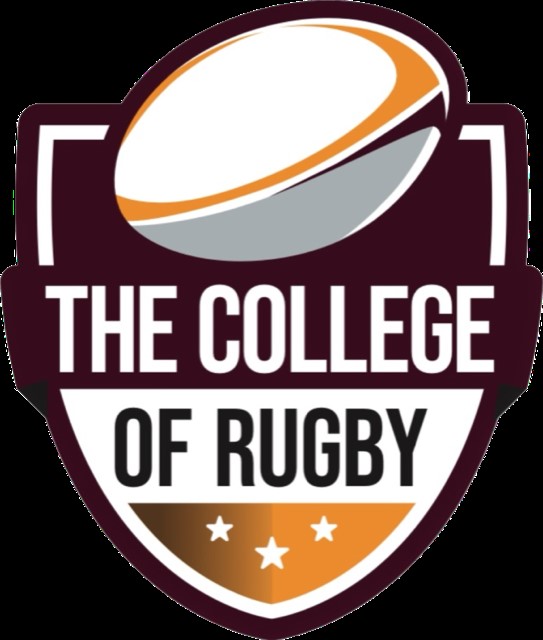 Logo of "The College of Rugby" featuring a rugby ball and a shield with burgundy and cream colors.