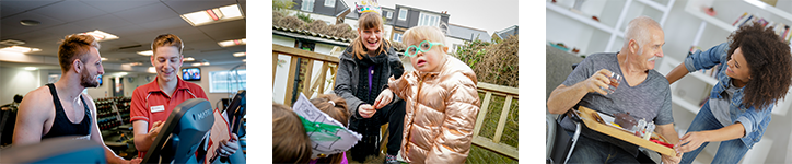 Three separate images showing people engaged in different interactions in various settings.