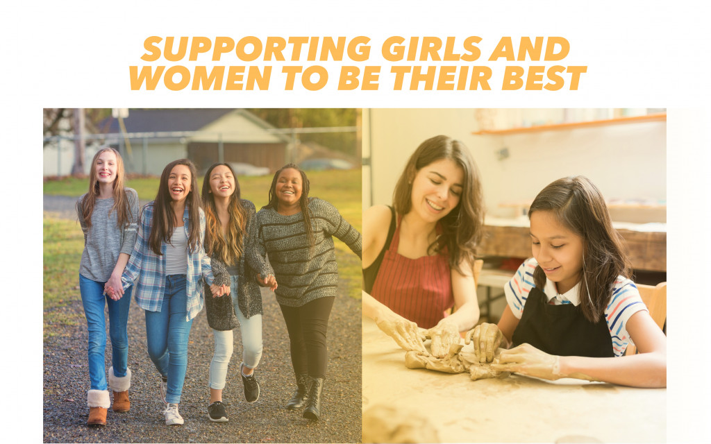 Poster with text "Supporting Girls and Women to be Their Best" with images of girls walking and sculpting clay.