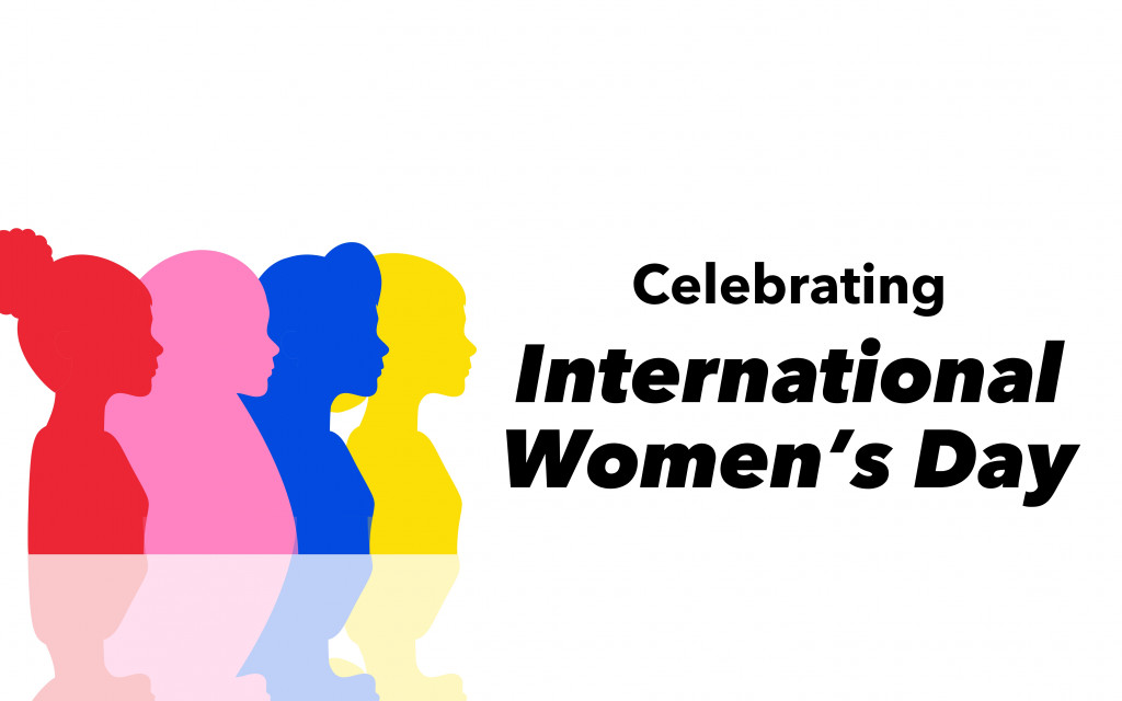 Graphic with colorful silhouettes and text "Celebrating International Women's Day".