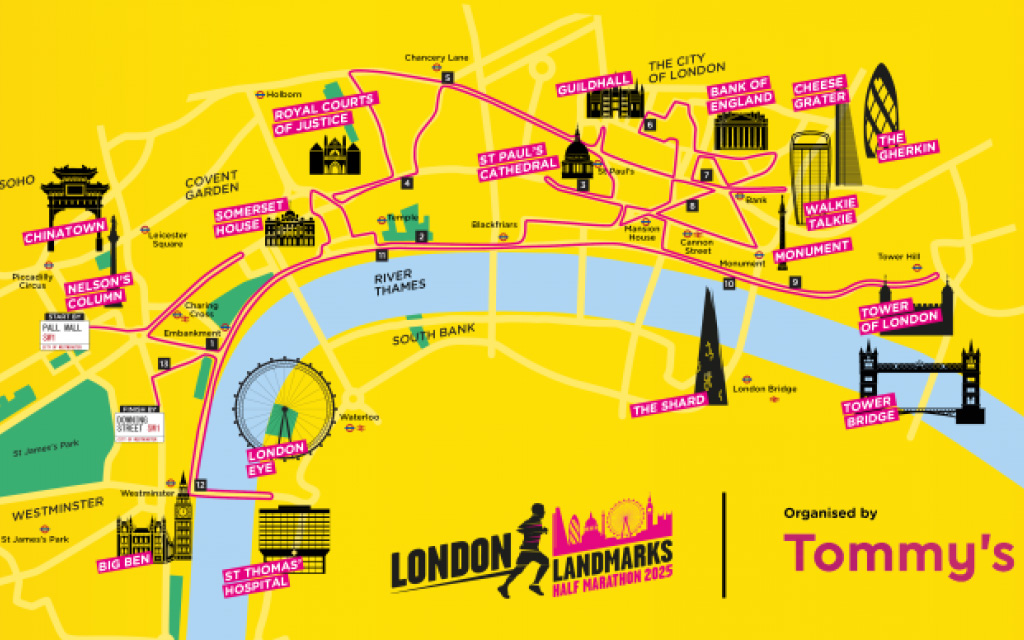 "Colorful map showing the route for the London Landmarks Half Marathon with key attractions marked."