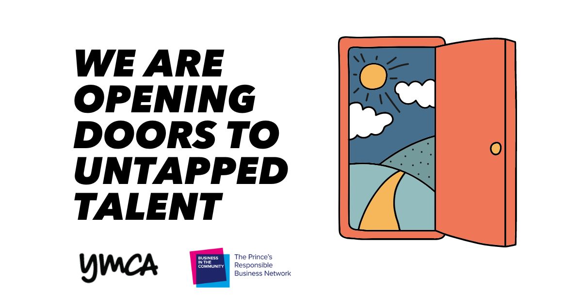 A graphic with text "WE ARE OPENING DOORS TO UNTAPPED TALENT" and an illustrated open door with a scenic view.