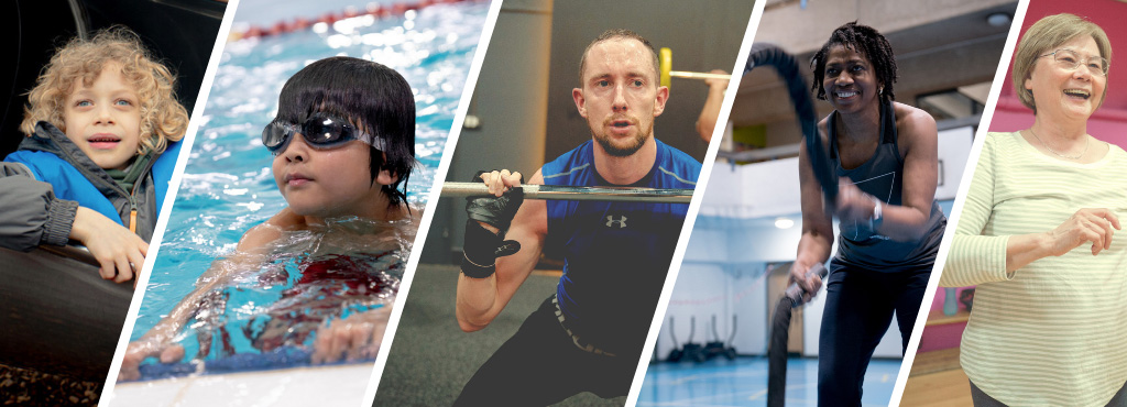 A collage of diverse individuals engaged in various activities: swimming, weightlifting, rope training, and tai chi.