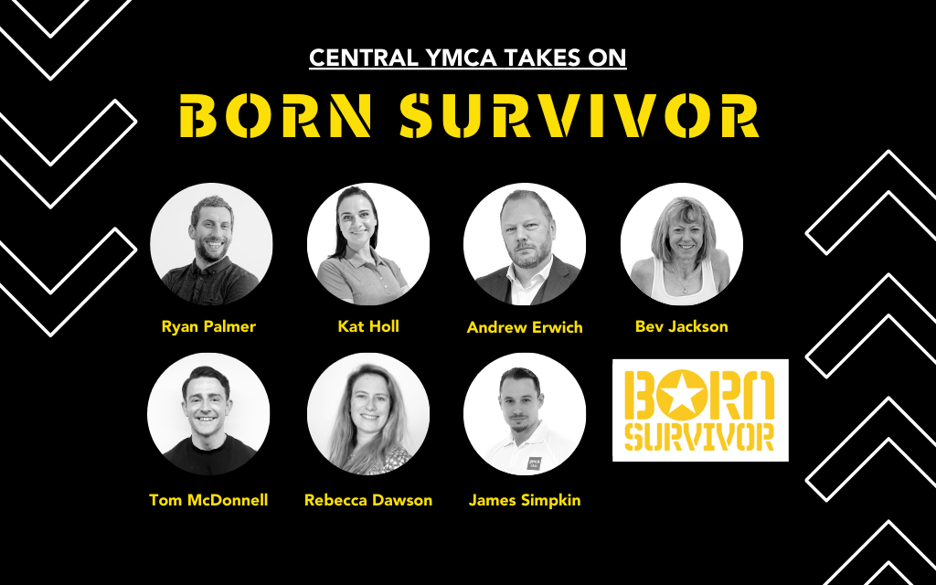 Promotional graphic for "Central YMCA Takes On Born Survivor" with six participants' names.