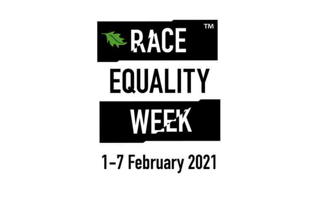 Logo for Race Equality Week, 1-7 February 2021, with a green leaf symbol.