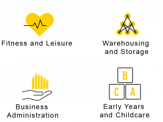 Four icons representing sectors: Fitness and Leisure, Warehousing and Storage, Business Administration, Early Years and Childcare.