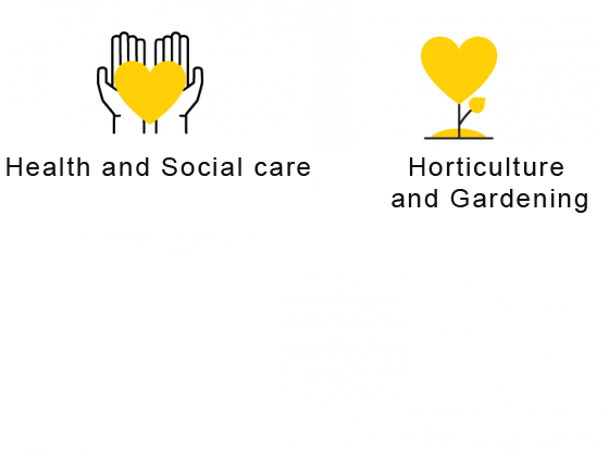 Two icons with text: a yellow heart above 'Health and Social care', and a trophy shaped like a heart with 'Horticulture and Gardening'.