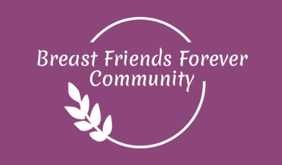 Logo of "Breast Friends Forever Community" with stylized text and leaf design on purple background.