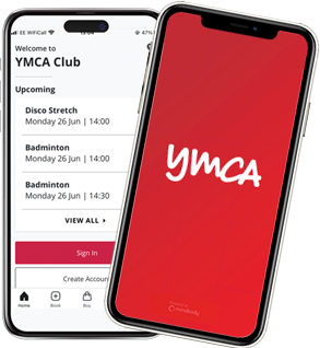 Two smartphones side by side; one with a YMCA logo and the other showing a schedule app for YMCA club.