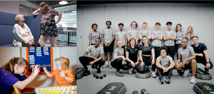 A triptych showing an office interaction, children playing a board game, and a group in gym attire.